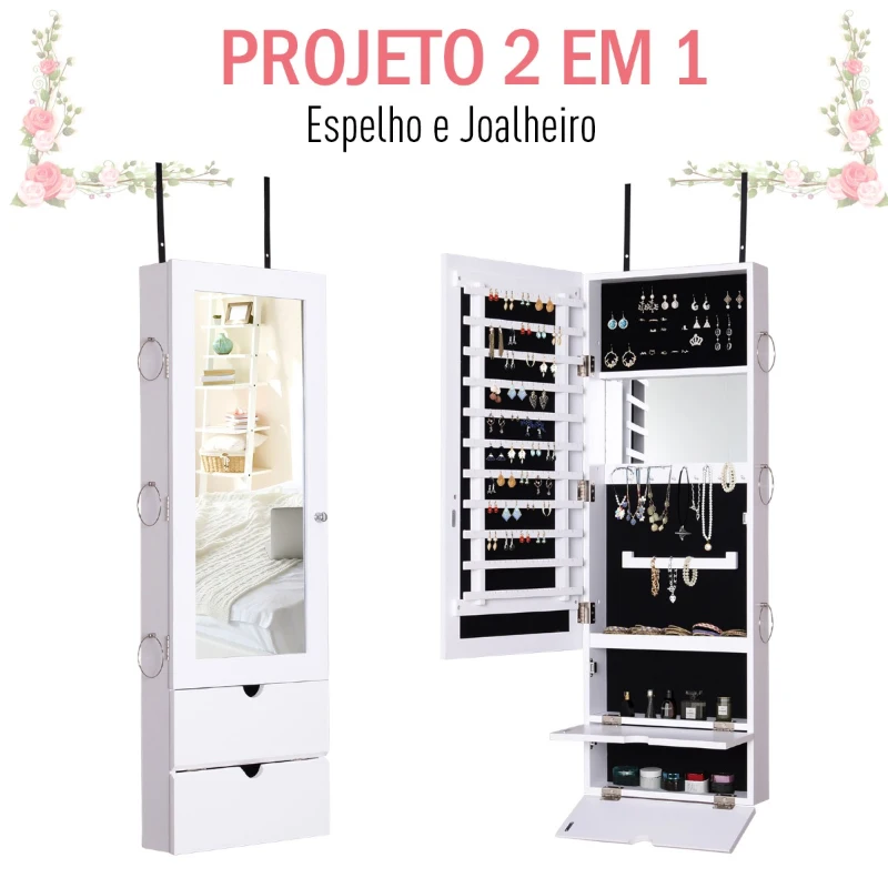 HOMCOM Espelho com Móvel de Bijuterias de Parede ou Porta Armário Porta Jóias com Altura Ajustável 2 Prateleiras Fechadas com Portas e Organizador de Jóias 35,5x9,5x102cm Branco