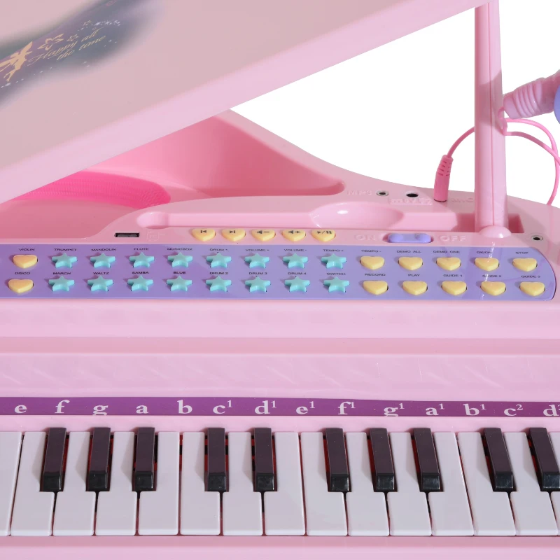 HOMCOM Piano para Crianças com 37 Teclas Microfone Banco Luzes 22 Músicas e Entrada para MP3 e USB 48x39x69 cm Rosa