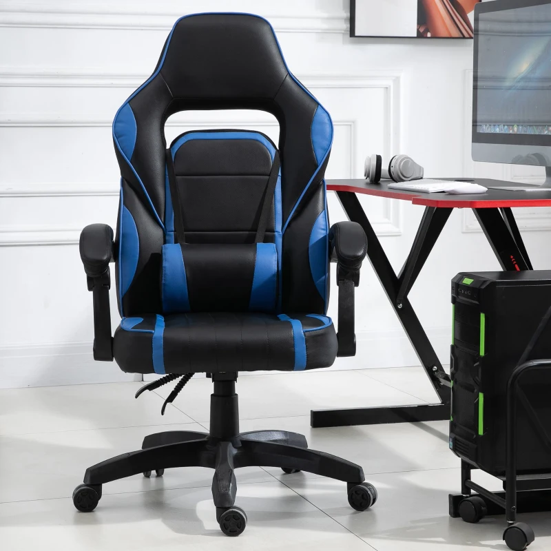 Vinsetto Cadeira gaming para escritório ergonômica reclinável até 135 ° com encosto alto Apoio de braço ajustável 64x69x119-129 cm preto e azul