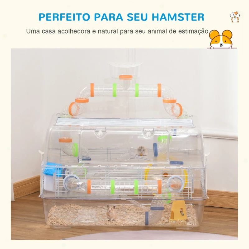 PawHut Gaiola para Hamster Gaiola para Roedores Pequenos de 3 Pisos com Escadas Comedouro Bebedouro Roda Tubos e Acessórios Incluidos 70x45x44cm Transparente