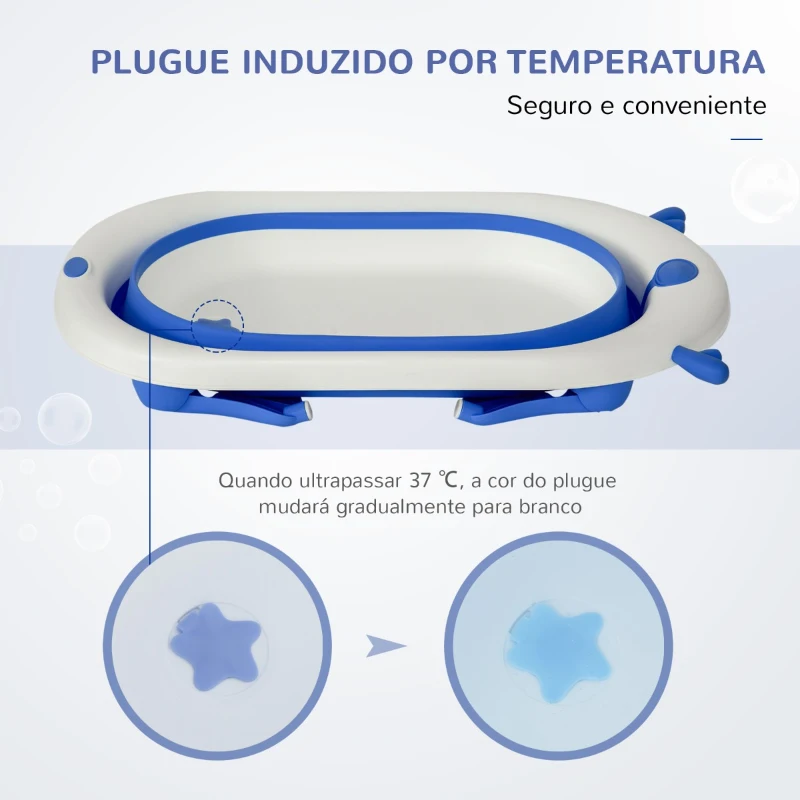 HOMCOM Banheira para Bebé Recém Nascido até 3 Anos Dobrável 30 Litros com Tampa Termossensível e Almofada Confortável Almofadas Antiderrapantes 81,5x50,5x23,5cm Azul e Branco