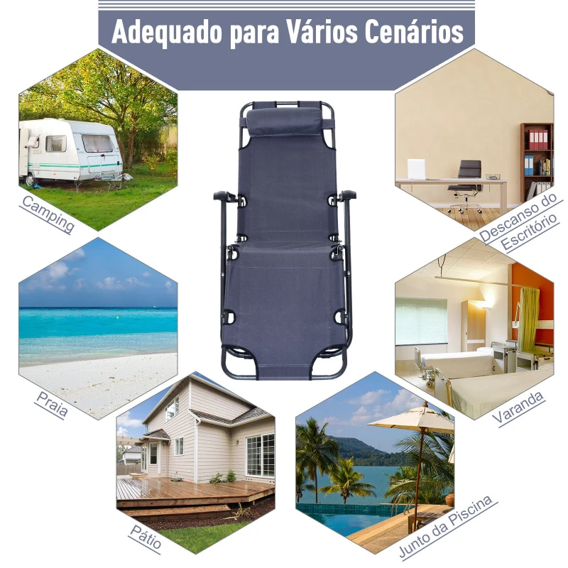 Outsunny Espreguiçadeira Reclinável Dobrável com Encosto Ajustável Apoio de Braço e Apoio para os Pés Carga 136 kg 135x60x89cm Cinza