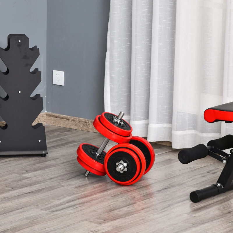 HOMCOM Conjunto de Halteres 20kg Ajustáveis 2 em 1 com 8 Discos 2 Barras e Extensor Ajustável para Treinamento de Força Levantamento de Pesos para Casa Academia Preto e Vermelho