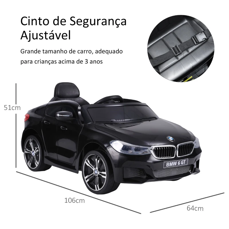 HOMCOM Carro elétrico para criança BMW 6GT para criança de 3-6 anos com controle remoto Carga 30 kg 106x64x51cm Preto