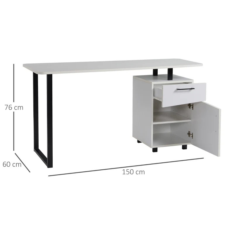 HOMCOM Secretária para escritório com gaveta e armário com prateleira ajustável Mesa multifuncional para computador com borda redonda 150x60x76 cm Branco