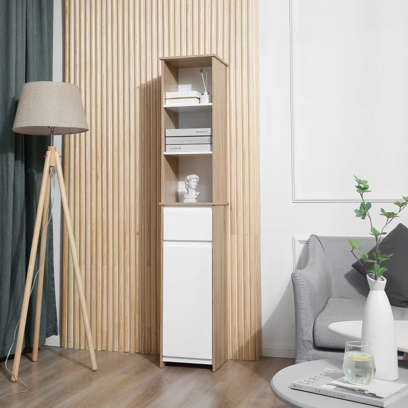 Kleankin Armário de banheiro alto com 1 porta  gaveta e 3 estantes Prateleira ajustável para sala de estar de cozinha 32,6x30x171,2 cm Madeira natural e branco