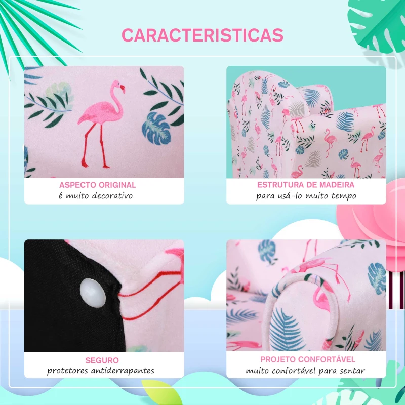 HOMCOM Poltrona para Crianças acima de 3 Anos com Desenhos de Flamingos Estrutura de Madeira e Estofado em Flanela 50x39x44 cm Rosa