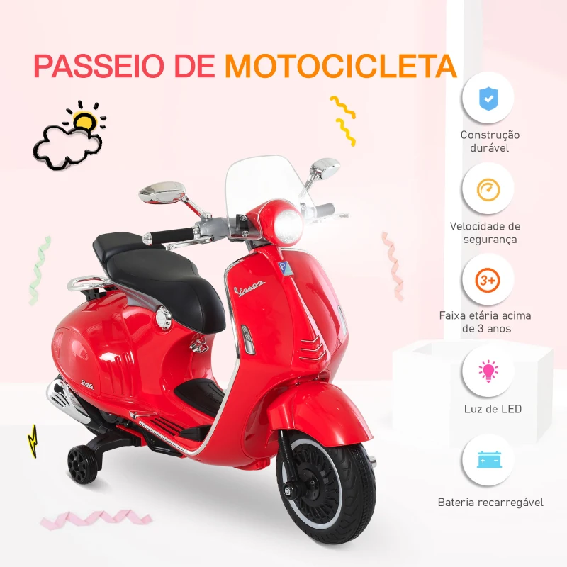 HOMCOM Mota Elétrica Vespa com Faróis Música 2 Rodas Auxiliares para Crianças acima de 3 Anos 108x49x75 cm Vermelha