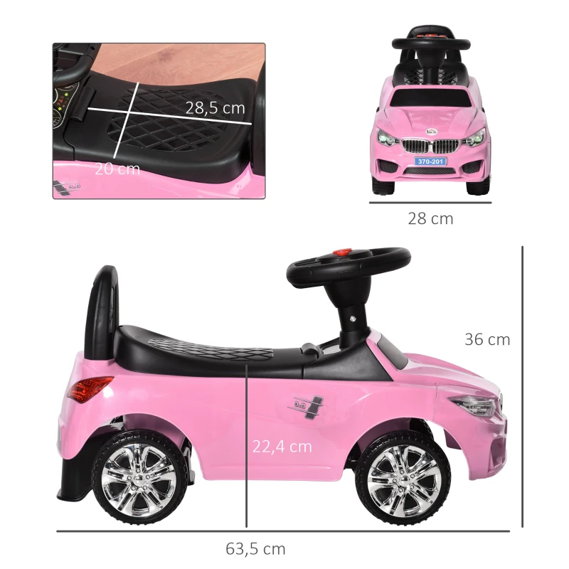 HOMCOM Carro Andador para Crianças de 18-36 Meses com Faróis Música Buzina Volante Compartimento de Armazenamento e Alça para Empurrar 63,5x28x36 Rosa