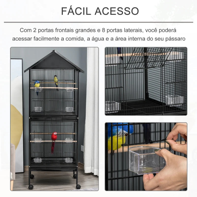 PawHut Grande gaiola de pássaros de 2 andares com rodas 8 alimentadores 4 poleiros e bandejas removíveis 71,5x72x170 cm Preto