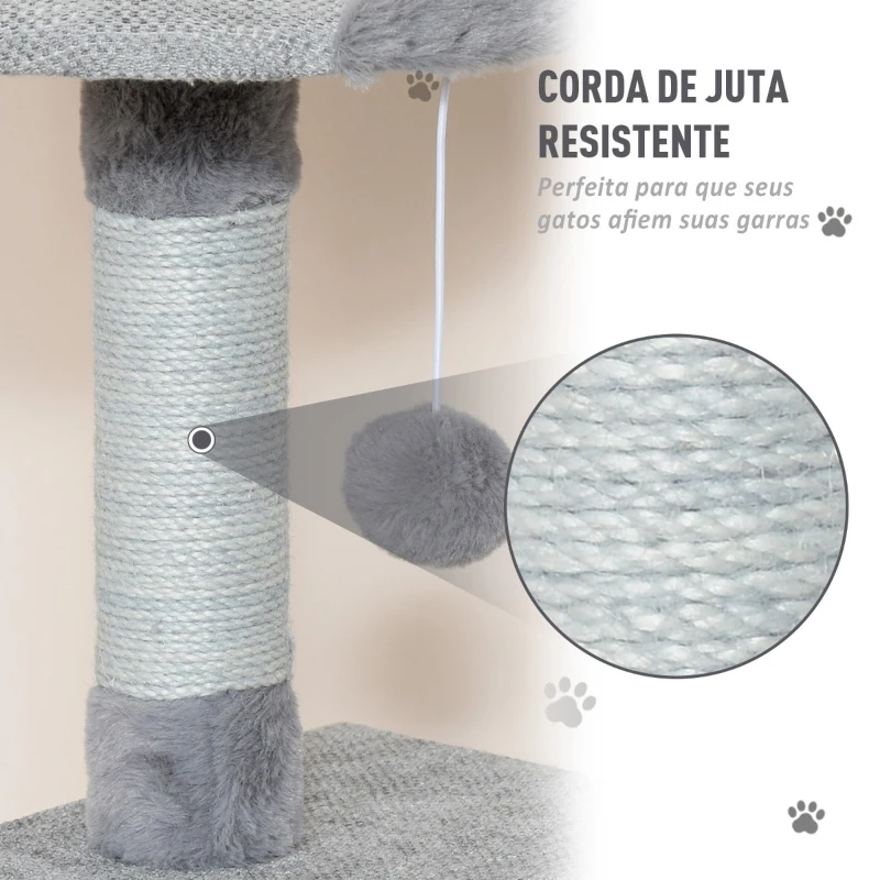 PawHut Árvore Arranhadora para Gatos Torre de Escalada com Plataformas Escada Caverna Postes de Juta e Bola Suspensa 60,5x40x124cm Cinza