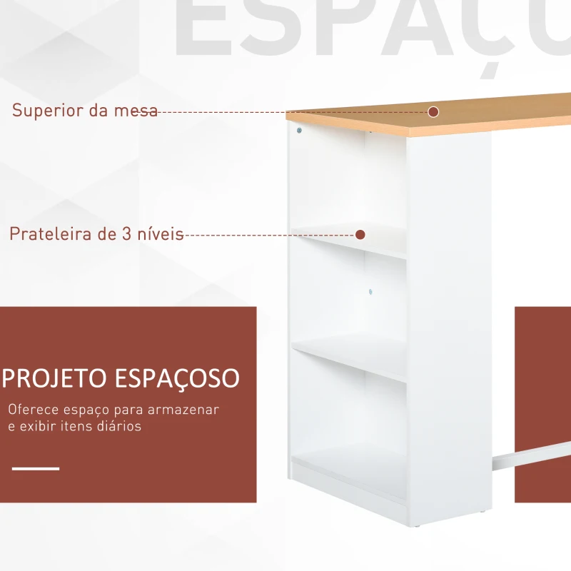 HOMCOM Mesa de bar Bistrô Mesa alta para jantar  com 3 prateleiras Estrutura metálica  Carga 100 kg 115x55x100 cm Branco e Carvalho