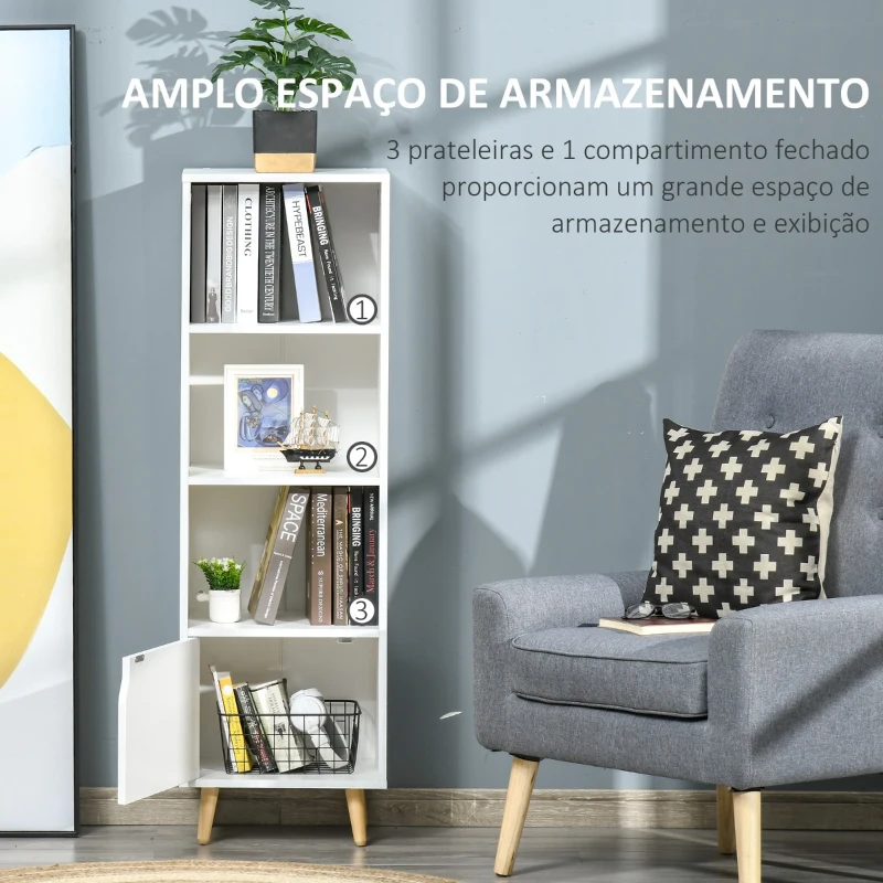 HOMCOM Estante com 3 Prateleiras Abertas e 1 Fechada com Porta Estante de Estilo Moderno para Armazenamento de Livros Brinquedos Plantas 40x30x129,5cm Branco