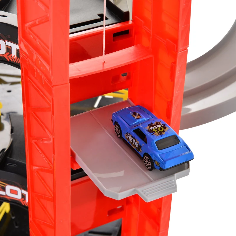 HOMCOM Conjunto Garagem de Estacionamento Infantil para Crianças acima de 3 Anos com 55 Acessórios Incluídos 4 Carros 1 Elevador Funcional Helicóptero 62x52x51 cm Vermelho Preto