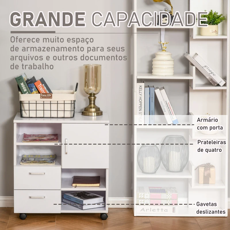 HOMCOM Móvel auxiliar de escritório com Gavetas Prateleiras e rodas multiuso 60x65x35 cm Branco