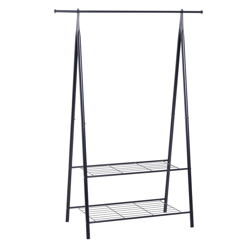HOMCOM Cabide de Metal Cabide de Roupas Cabide com Barra Superior e 2 Prateleiras de Aço 100x46x148cm