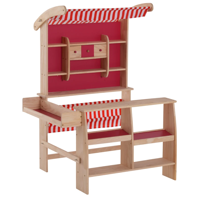 HomCom Loja de Brincar Madeira Suporte Posto de Mercado de Brincar para Crianças +3 Anos Revestimento Vermelho 90x70x120cm