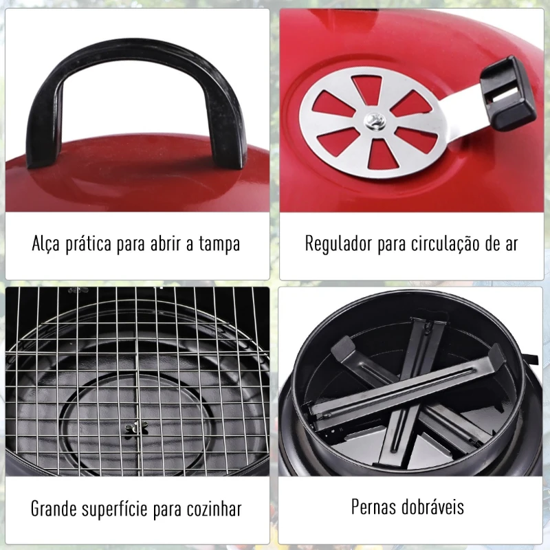 Outsunny Barbecue a Carvão Portátil Barbecue Pequena de Metal Esmaltado com 3 Pés Antiderrapantes Ø36,5x54cm Preto e Vermelho