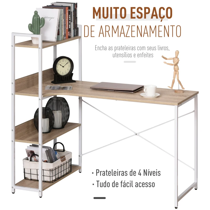 HOMCOM Secretária multifuncional estilo industrial vintage com 4 prateleiras  120x70x120 cm Carvalho branco