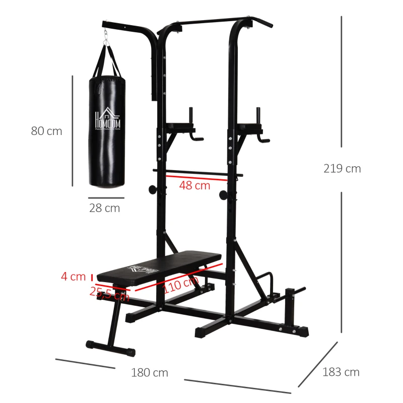 HOMCOM Estação de Musculação Dip com Banco de Pesos Reclinável Saco de Boxe e Barra de Elevação Torre de Treinamento Fitness 180x183x219cm Preto
