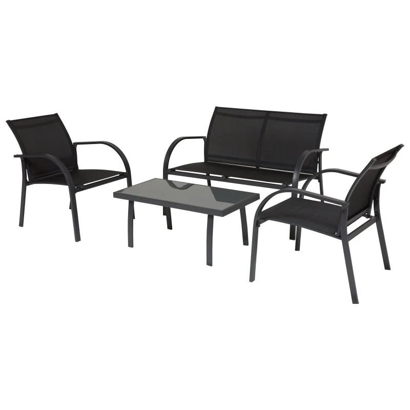Outsunny Conjunto de móveis de jardim para interior e exterior em aço e vidro Quatro peças: 1 mesa, 2 poltronas e 1 sofá 65x110x78cm Preto