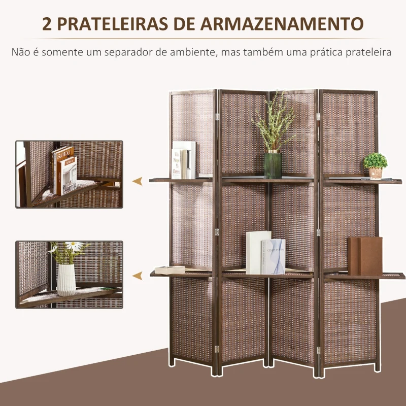 HOMCOM Biombo de 4 Painéis de Bambu Separador de Ambientes Dobrável com 2 Prateleiras Removíveis para Dormitório 180x180cm Marrom