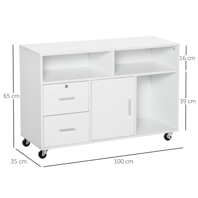 HOMCOM Móvel Auxiliar de Escritório Móvel Arquivador com Rodas Prateleiras Gaveta e Armário Multiuso com Grande Armazenamento 100x35x65cm Branco