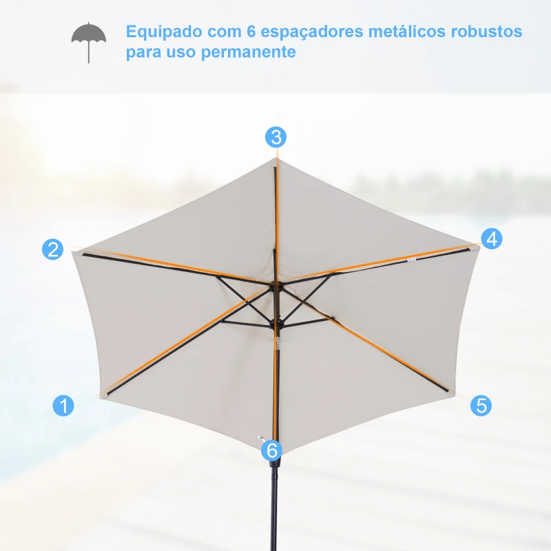Outsunny Chapéu de Sol de Jardim Ø270x235cm Chapéu de Sol de Alumínio Reclinável com Manivela e 6 Hastes para Terraço Exterior Balcão Creme