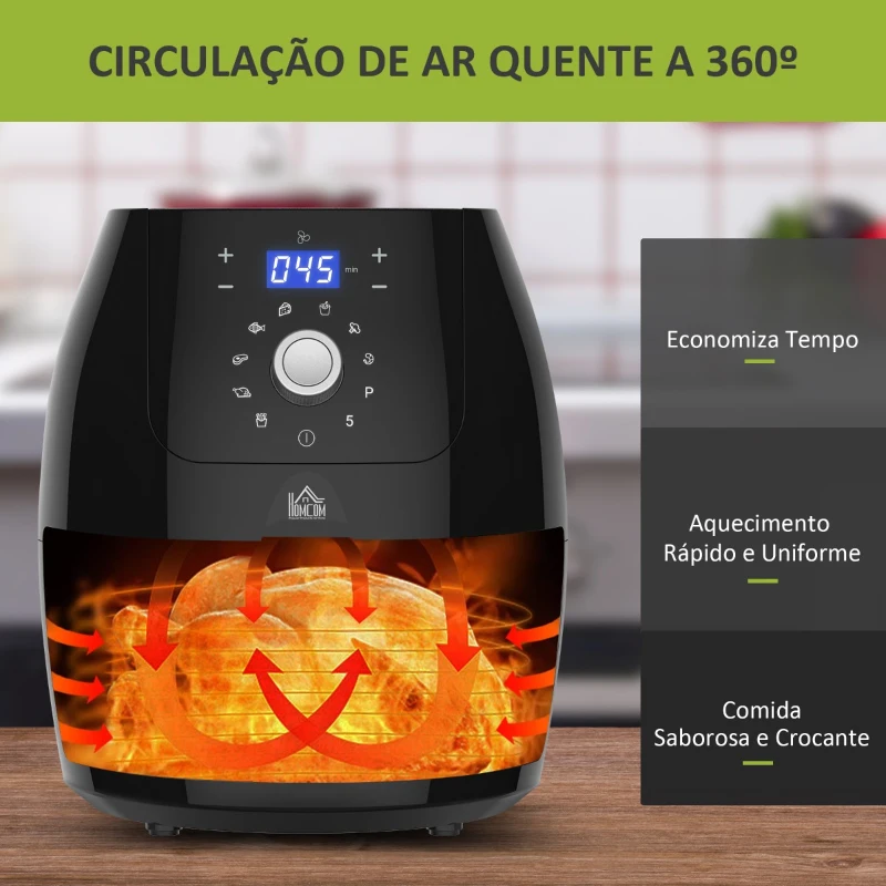 HOMCOM Fritadeira sem Óleo 5,5L Fritadeira de Ar 17000W com Tela Tátil 8 Programas Temporizador Temperatura Ajustável e Desligamento Automático 41x33x37cm Preto