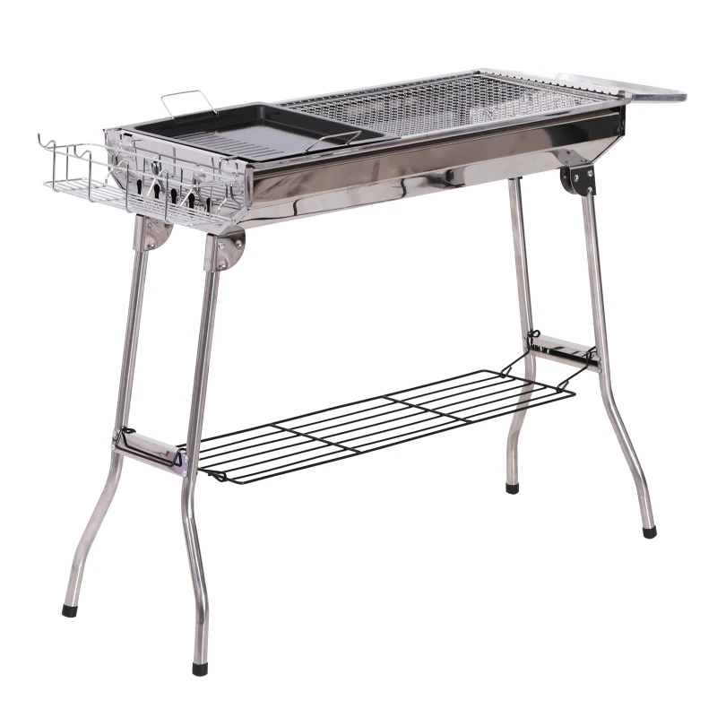 Outsunny Barbecue a Carvão Portátil Dobrável com Prateleiras de Armazenamento para Jardim Exterior Campismo 104x33x70 cm Prata