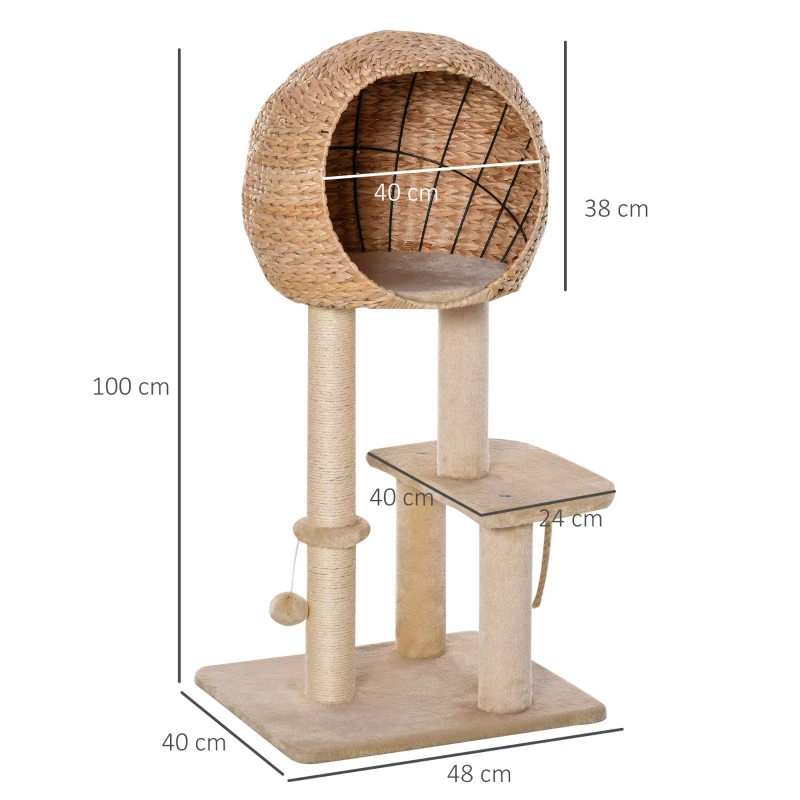 PawHut Árvore arranhador para gatos Torre de escalada com plataformas caverna corda de brincar poste de sisal 48x40x100 cm Bege