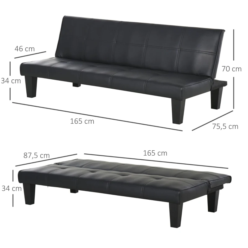 HOMCOM Sofá Cama de 3 Lugares sem Apoio para os Braços com Estrutura Resistente Pés Elevados Assento Acolchoado 165x75,5x70cm Preto