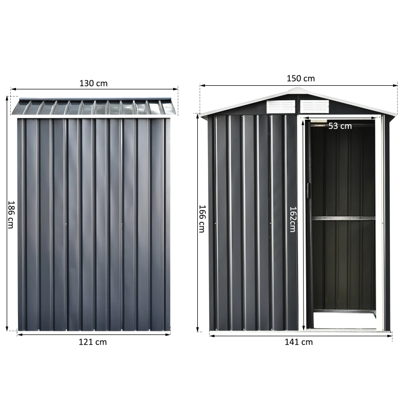 Outsunny Abrigo de Jardim 150x130x186 cm Abrigo de Exterior de Aço Galvanizado com Porta Corredeira e Ventilações para Armazenamento de Ferramentas Cinza