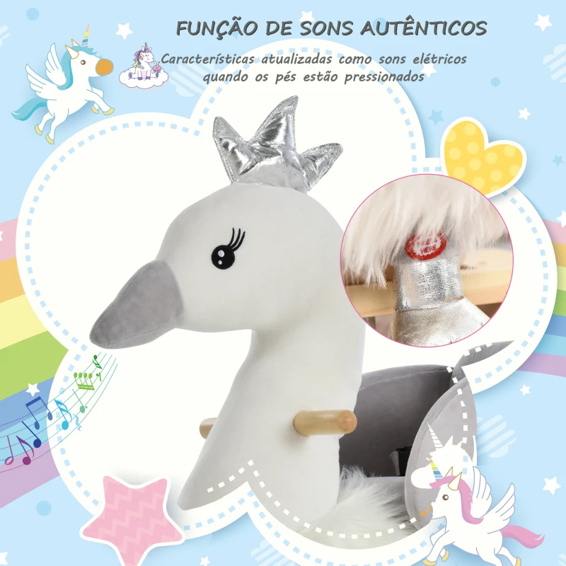 HOMCOM Cavalo Baloiço para Bebés com Forma de Cisnei com Sons Apoio para os Pés e Cinto de Segurança 60x33x59 cm Branco e Cinza