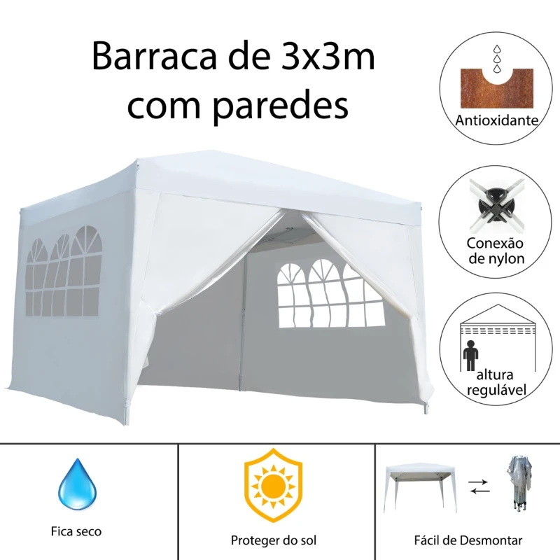 Outsunny Tenda de Jardim com Paredes Laterais Amovíveis Janelas Porta com Zíper e Bolsa de Transporte 295x295x195-258 cm Branco