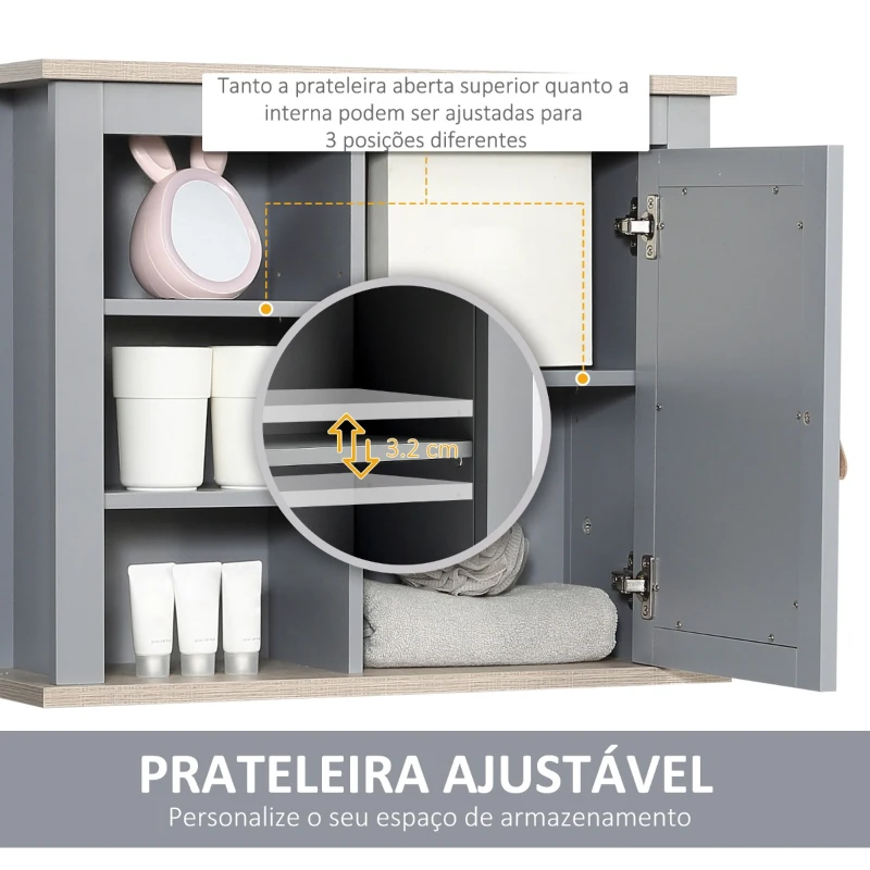 Kleankin Armário de banheiro com espelho Armário auxiliar de parede com 1 porta e prateleiras ajustáveis amplo Espaço de armazenamento para cozinha 60x19x49 cm Cinza