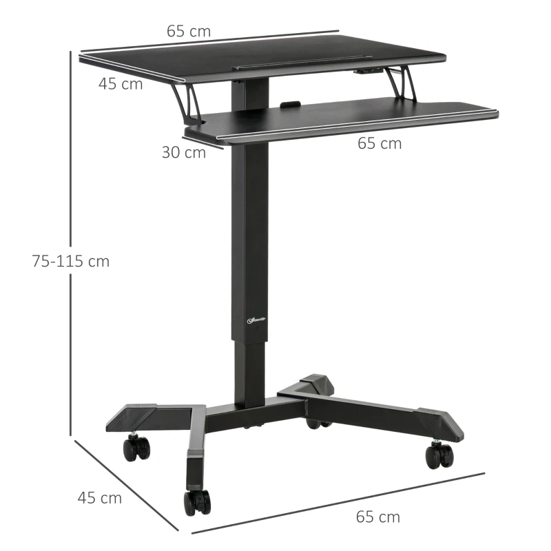 Vinsetto Secretária de Pé Ajustável em Altura 2 em 1 Mesa para Computador Portátil Móvel com 4 Rodas Bandeja para Teclado Estação de Trabalho 65x45x75-115cm Preto