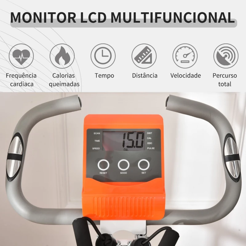 HOMCOM Bicicleta Estática Dobrável com Altura e Resistência Ajustáveis com Tela LCD e Assento com Encosto 51x97x115cm Laranja