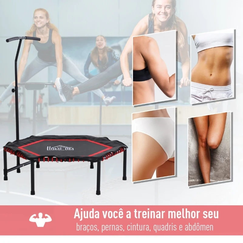 HOMCOM Trampolim Profissional Fitness Hexagonal Power Jump 122-130 -138 cm Guiador ajustável de 3 níveis Vermelho