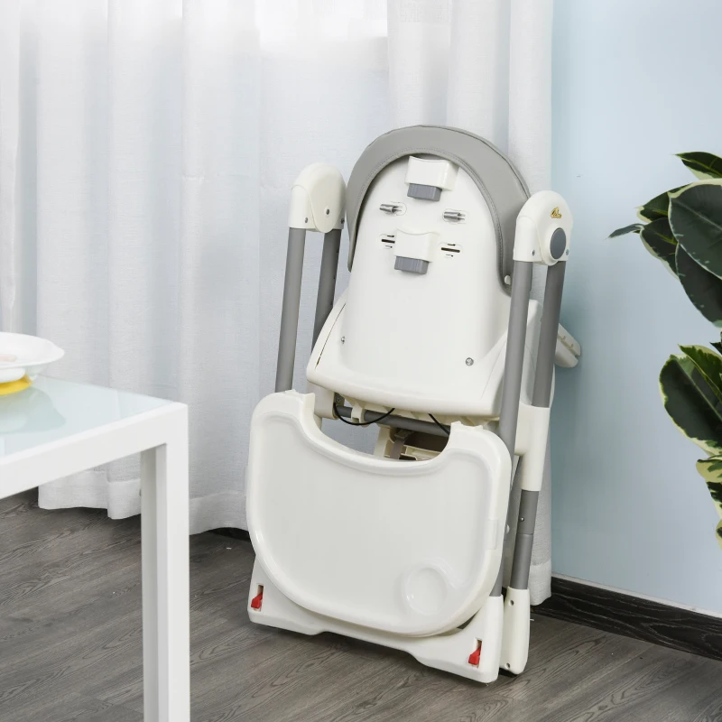 HOMCOM Cadeira de refeição ajustável e dobrável para bebê acima de 6 meses com bandeja dupla 55x80x104 cm Cinza