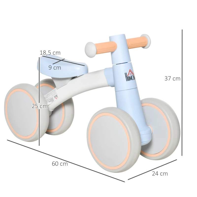 HOMCOM Bicicleta sem Pedais para Crianças de 1-3 Anos Bicicleta de Equilíbrio com 4 Rodas Leves Carro Andador Infantil 60x24x37cm Carga 20kg Azul