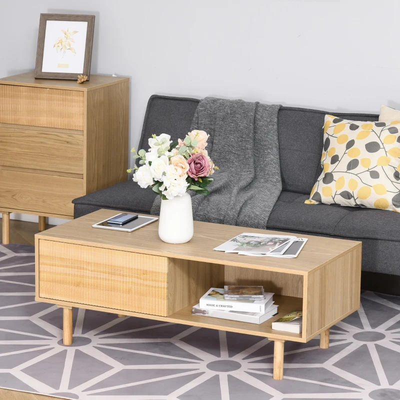 HOMCOM Mesa de Centro Moderna Mesa de Centro com 2 Compartimentos para Sala de Estar 110x50x41,5cm Madeira Natural