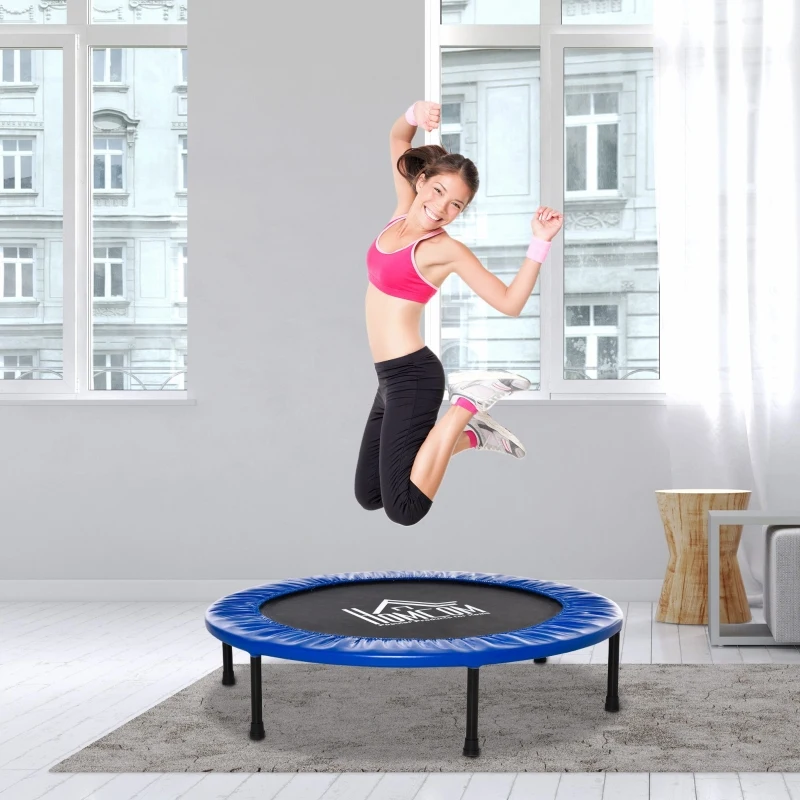 HOMCOM Cama Elástica Fitness Ø100cm Trampolim de Aço com 36 Molas Protetor de Borda Incluido para Treinamento Interior Carga 100kg Preto e Azul