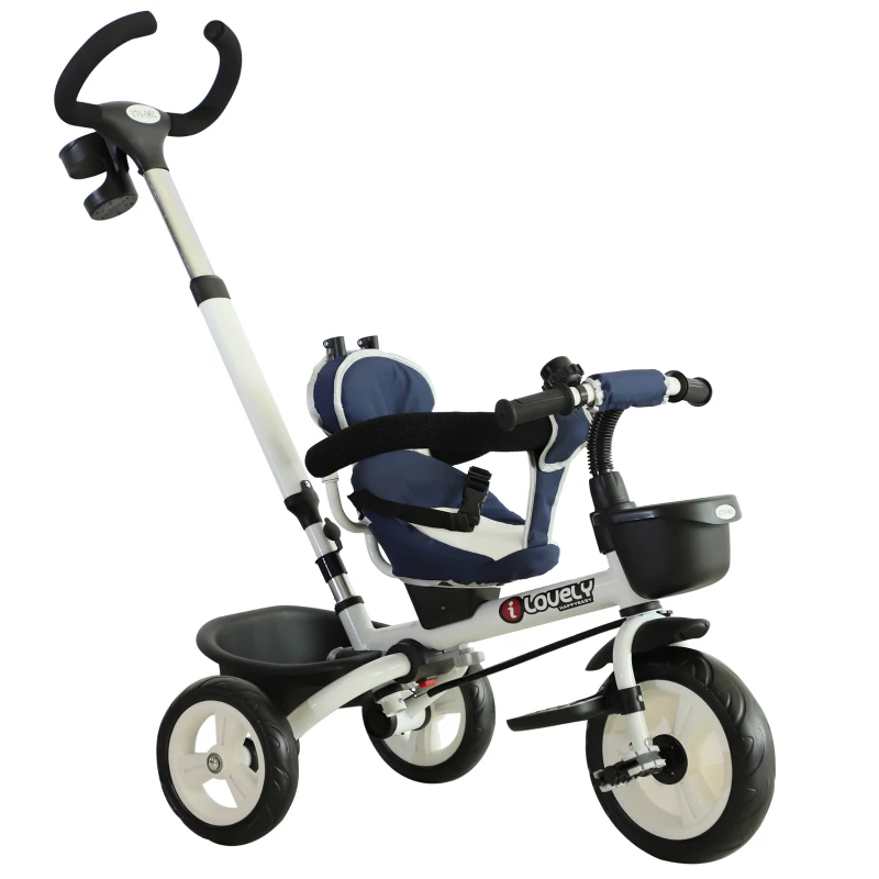 HOMCOM Triciclo  4 em 1 para Crianças acima de 18 Meses evolutivo Assento Giratório com Capuz  Barra Desmontável 118x53x105cm Azul
