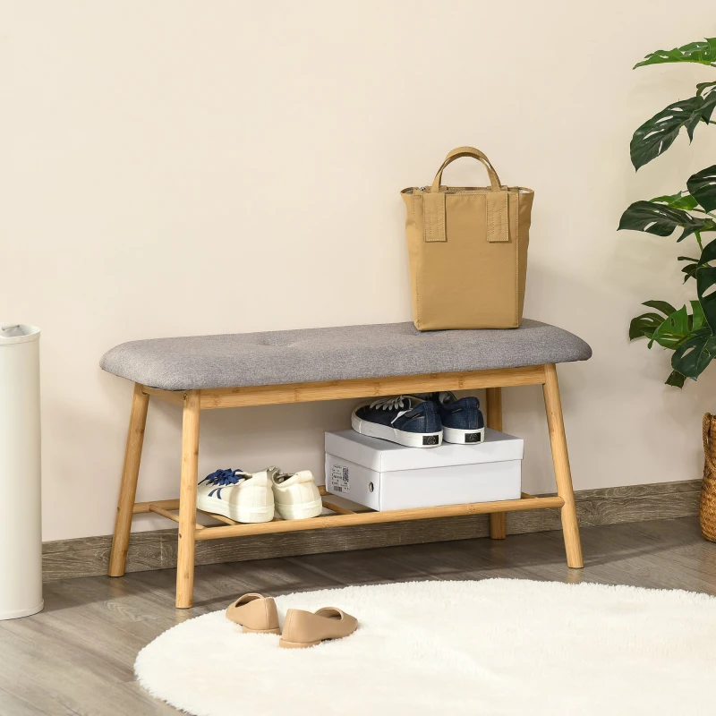 HOMCOM Banco Sapateiro Moderno Móvel de Entrada de Bambú com Assento Acolchoado e Prateleira para Sapatos 90x34x44cm Cor Natural e Cinza