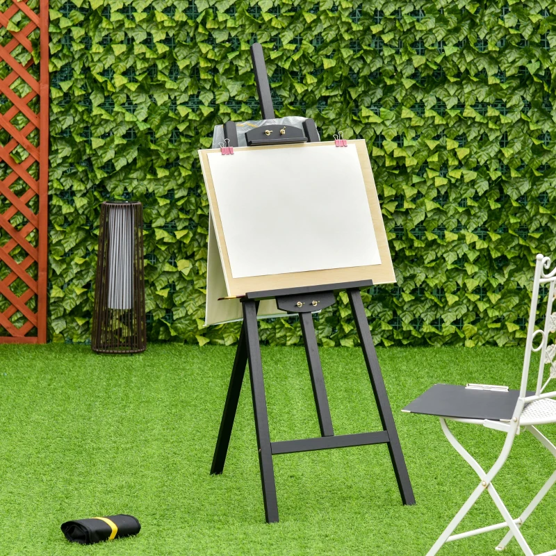 HOMCOM Cavalete para Pintura de Madeira Inclinável 90° com Suporte Tripé e Pincel 51,5x71,5x134,5cm Preto