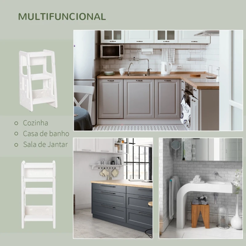 HOMCOM Torre de Aprendizagem para Crianças Banco Infantil com Altura Ajustável em 3 Posições e Plataforma Antiderrapante para Cozinha Sala de Jantar Casa de Banho 47x47x90cm Branco