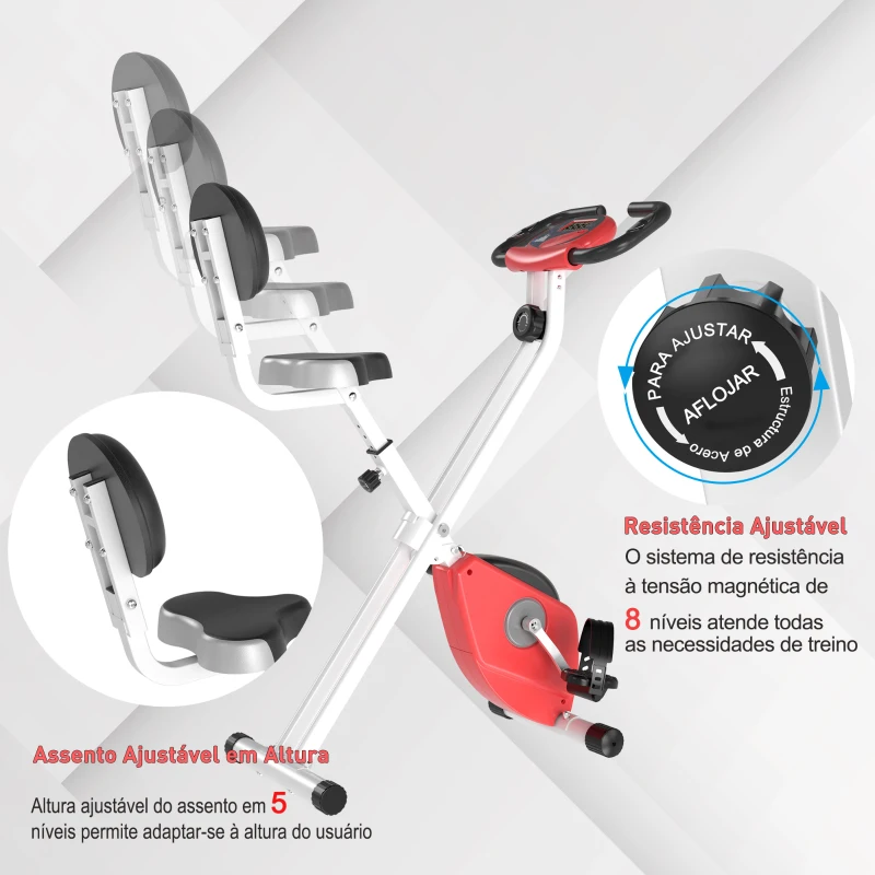 HOMCOM Bicicleta Estática Dobrável com assento ajustável Ecrã LCD Aço 43x97x109 cm Vermelho