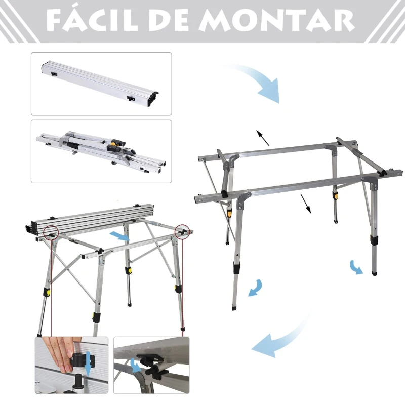 Outsunny Mesa de piquenique dobrável Mesa de camping de alumínio Altura regulável 90x53x45 / 65 cm Carga 30Kg