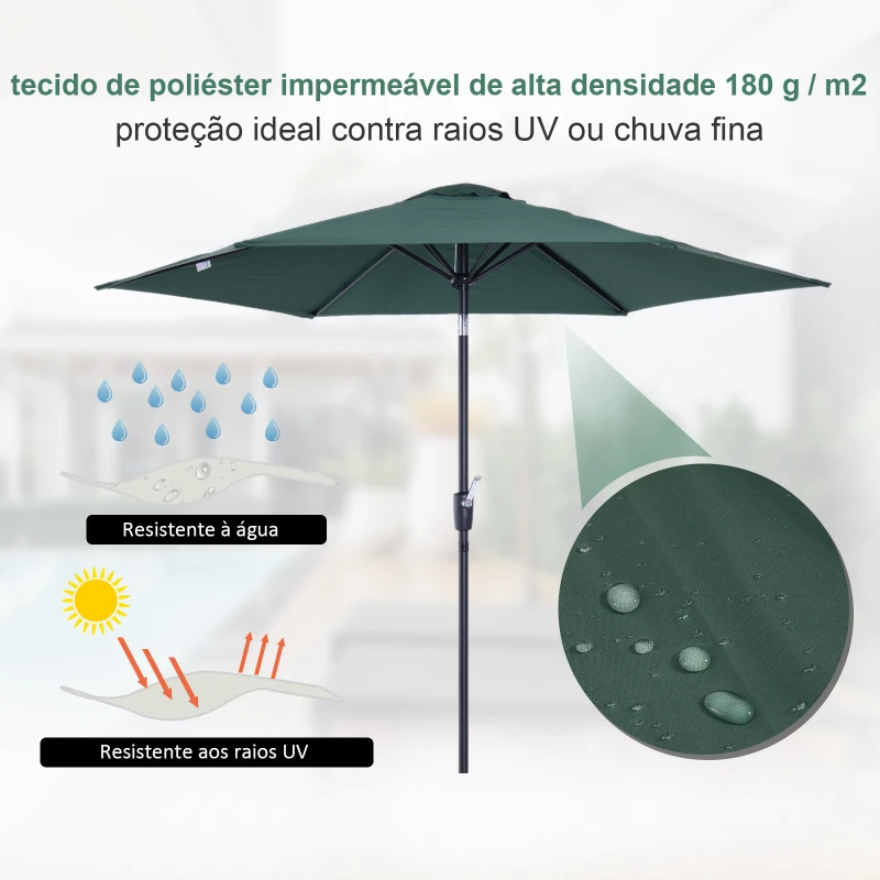 Outsunny Chapéu de Sol de Jardim Ø270x235cm Chapéu de Sol de Alumínio Reclinável com Manivela e 6 Hastes para Terraço Exterior Balcão Verde